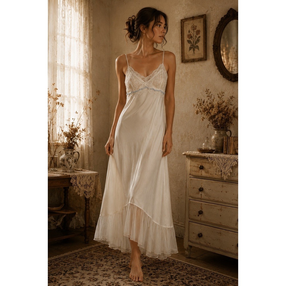 Flora Womens XL Ivory Lace Spaghetti Strap Bridal Maxi Slip Lingerie Nightgown